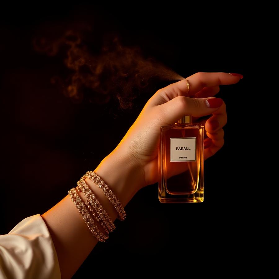 Håndled med guldsmykker der sprayer parfume